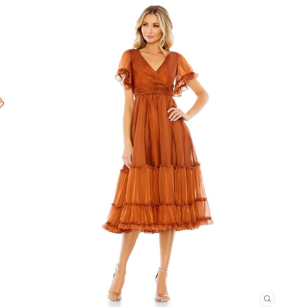 NWT Mac Duggal Flutter Sleeve Tiered Skirt Midi Dress